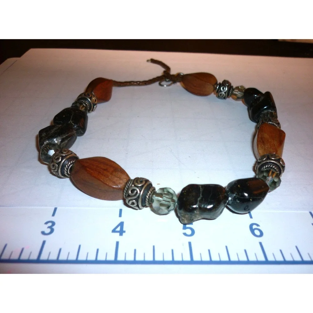 Chunky Beaded Necklace Wood Stone Glass Silver Tone S-Hook Clasp Brown Black 17